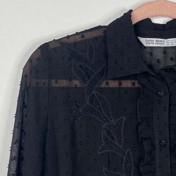 2/$30 ZARA Embroidered Ruffle Button-Down Sheer Blouse XS Floral Black #6267 - Picture 6 of 14